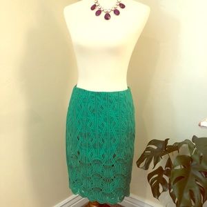 Green pencil skirt with unique lace embroider